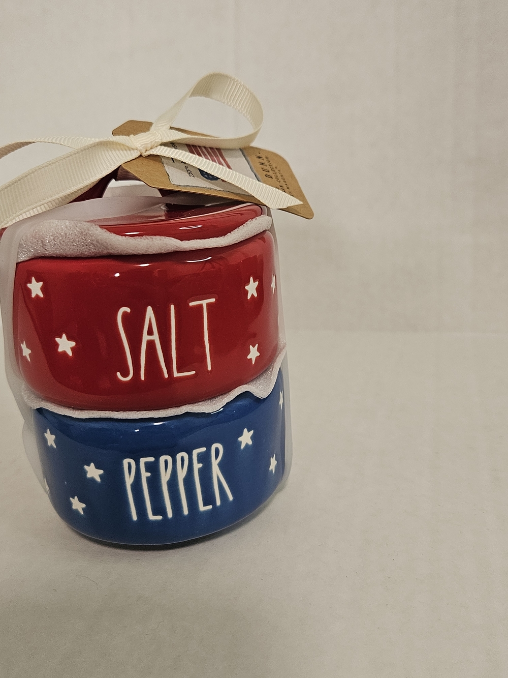 Rae Dunn Red Salt & Blue Pepper Ceramic Stackable Shakers 4th of July